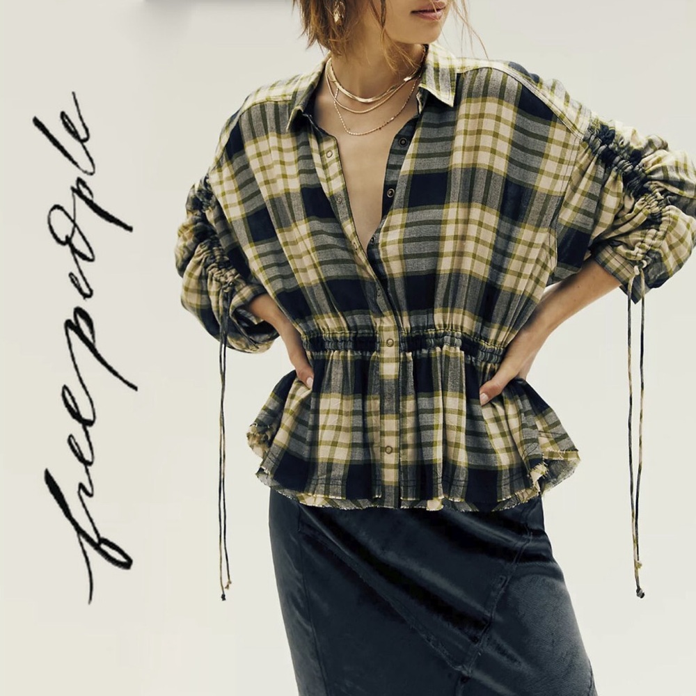 Free People Pacific Dawn Plaid Peplum Black, Green, Gray & Beige NWT